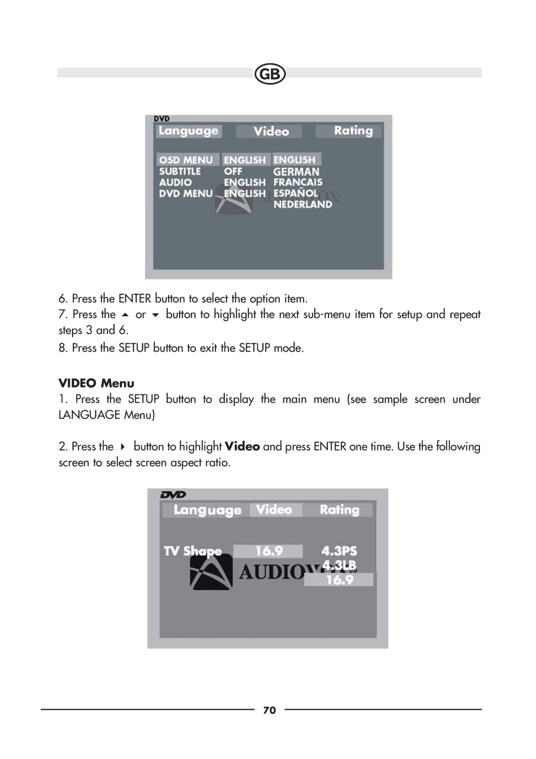 Audiovox VE920E, VE720E owner manual Video Menu 