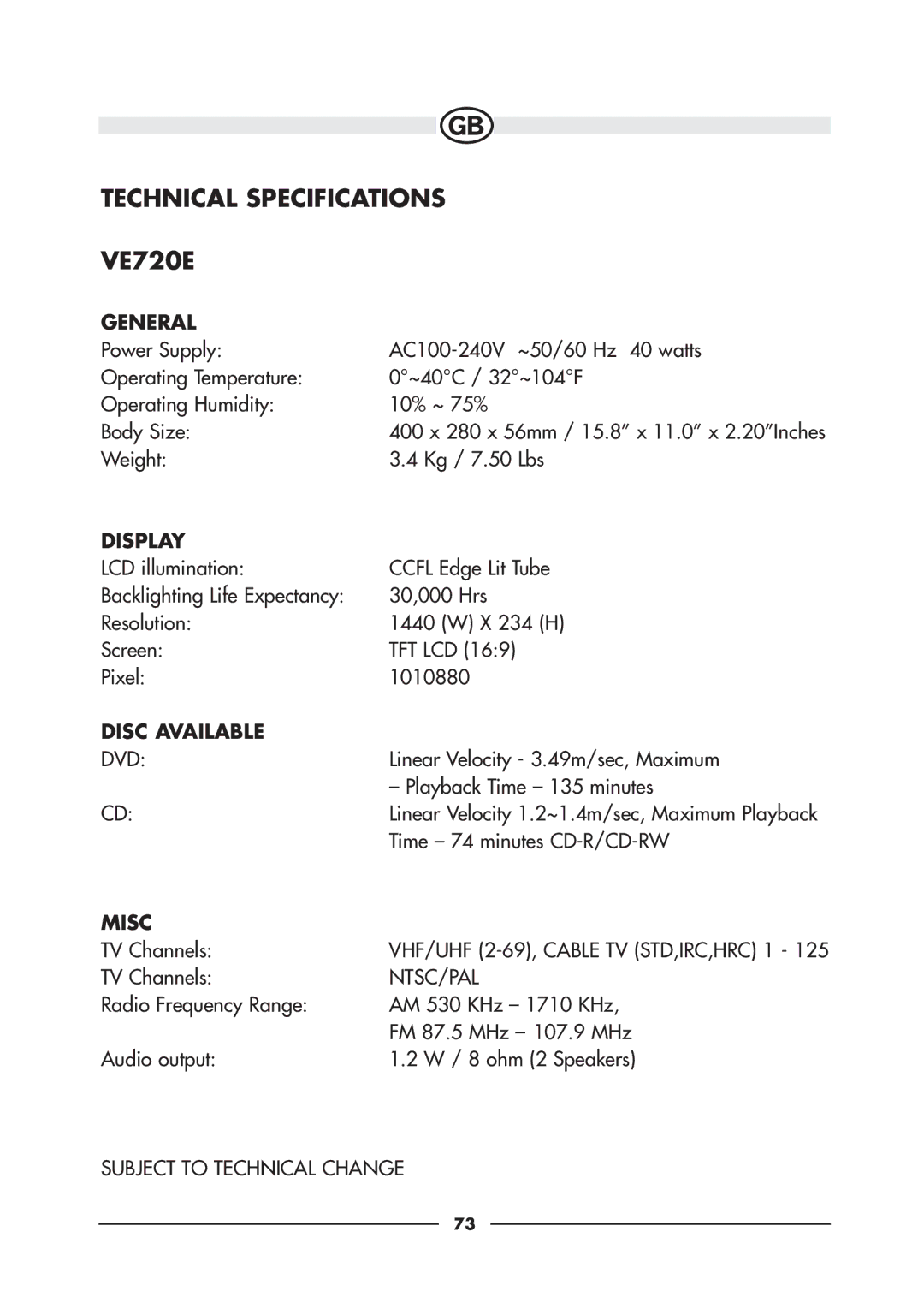 Audiovox VE720E, VE920E owner manual Technical Specifications, General, Display, Disc Available, Misc 