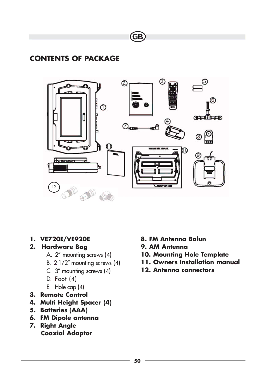 Audiovox VE920E, VE720E owner manual Contents of Package 