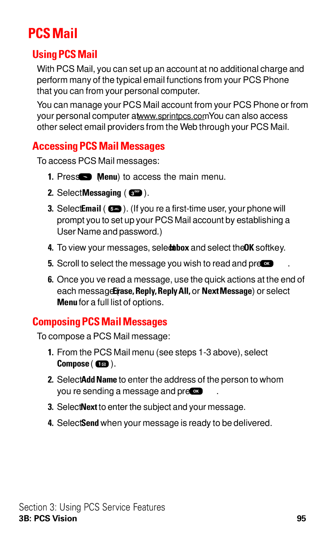 Audiovox VI600 manual Using PCS Mail, Accessing PCS Mail Messages, Composing PCS Mail Messages, Compose 