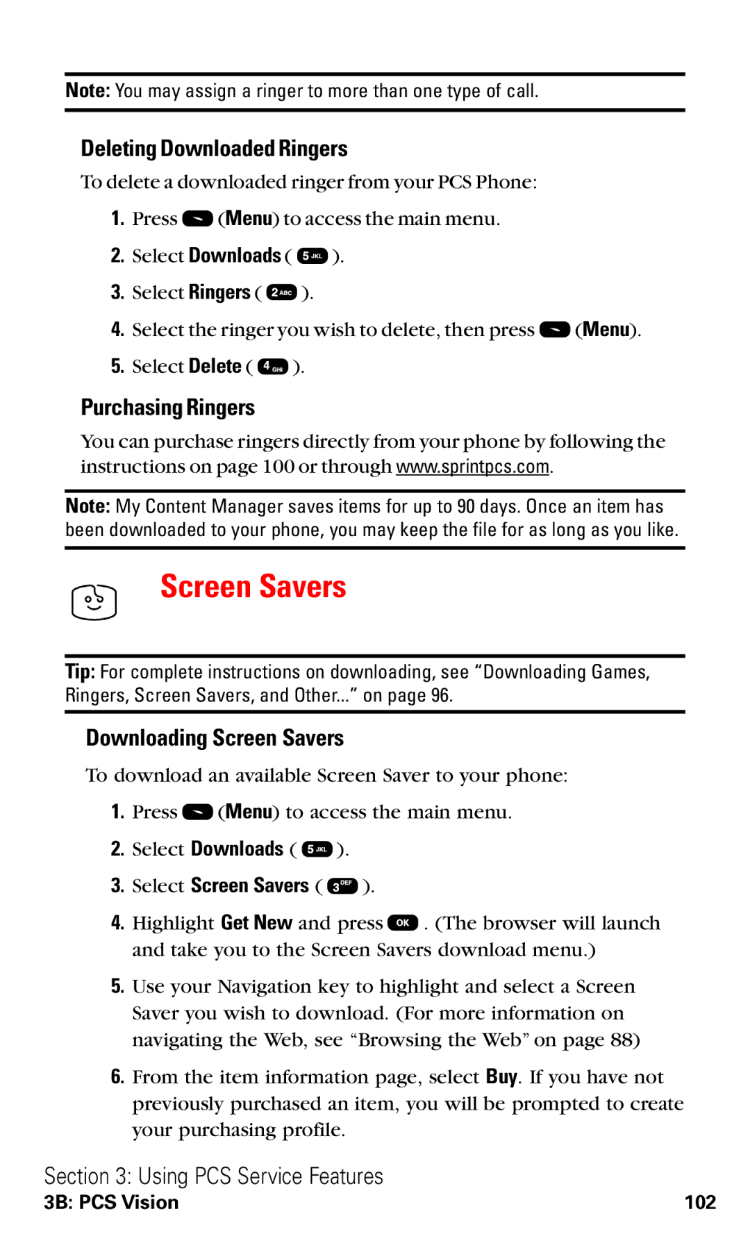 Audiovox VI600 manual Deleting Downloaded Ringers, Purchasing Ringers, Downloading Screen Savers, Select Screen Savers 