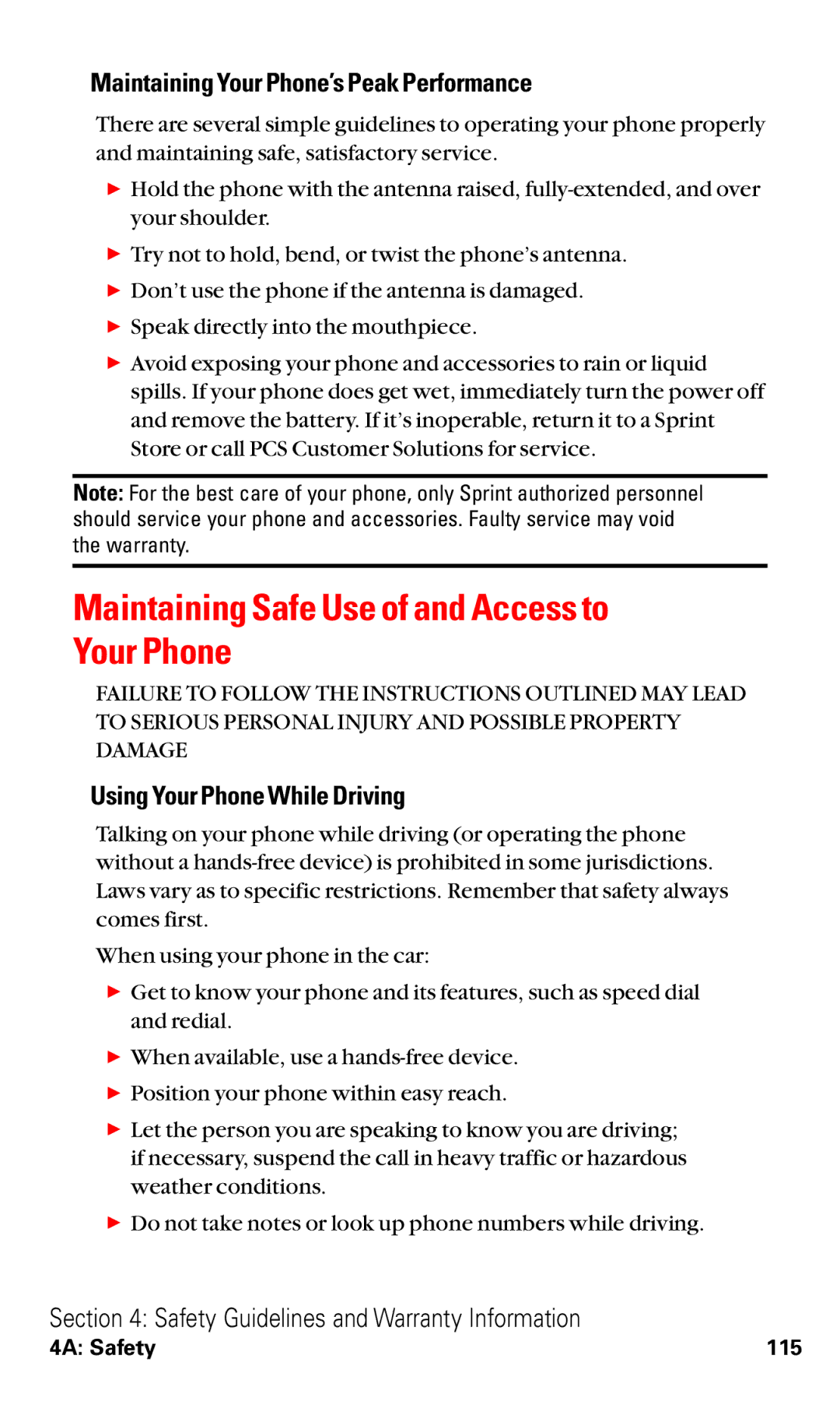 Audiovox VI600 manual Maintaining Safe Use of and Access to Your Phone, Maintaining Your Phone’s Peak Performance 