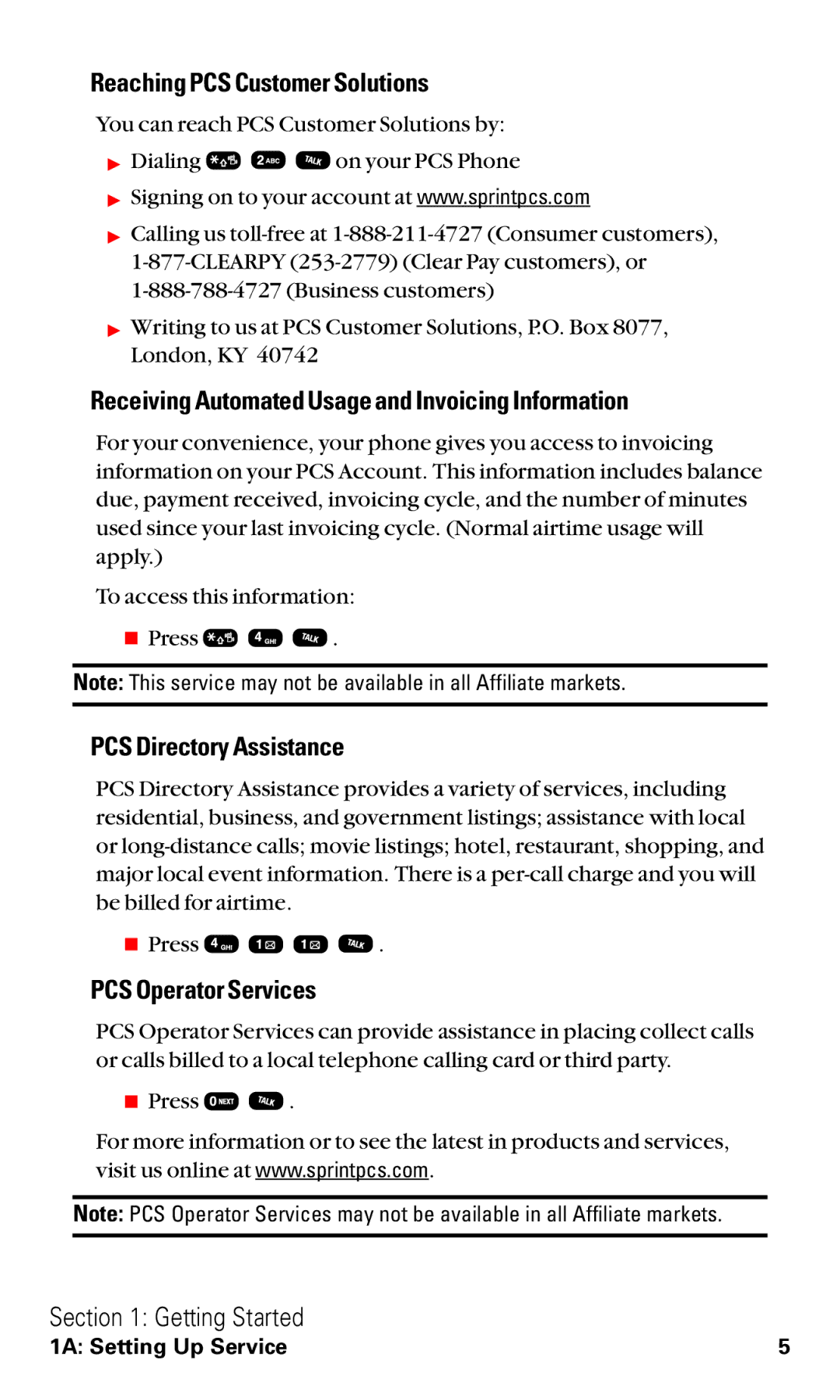 Audiovox VI600 Reaching PCS Customer Solutions, Receiving Automated Usage and Invoicing Information, PCS Operator Services 