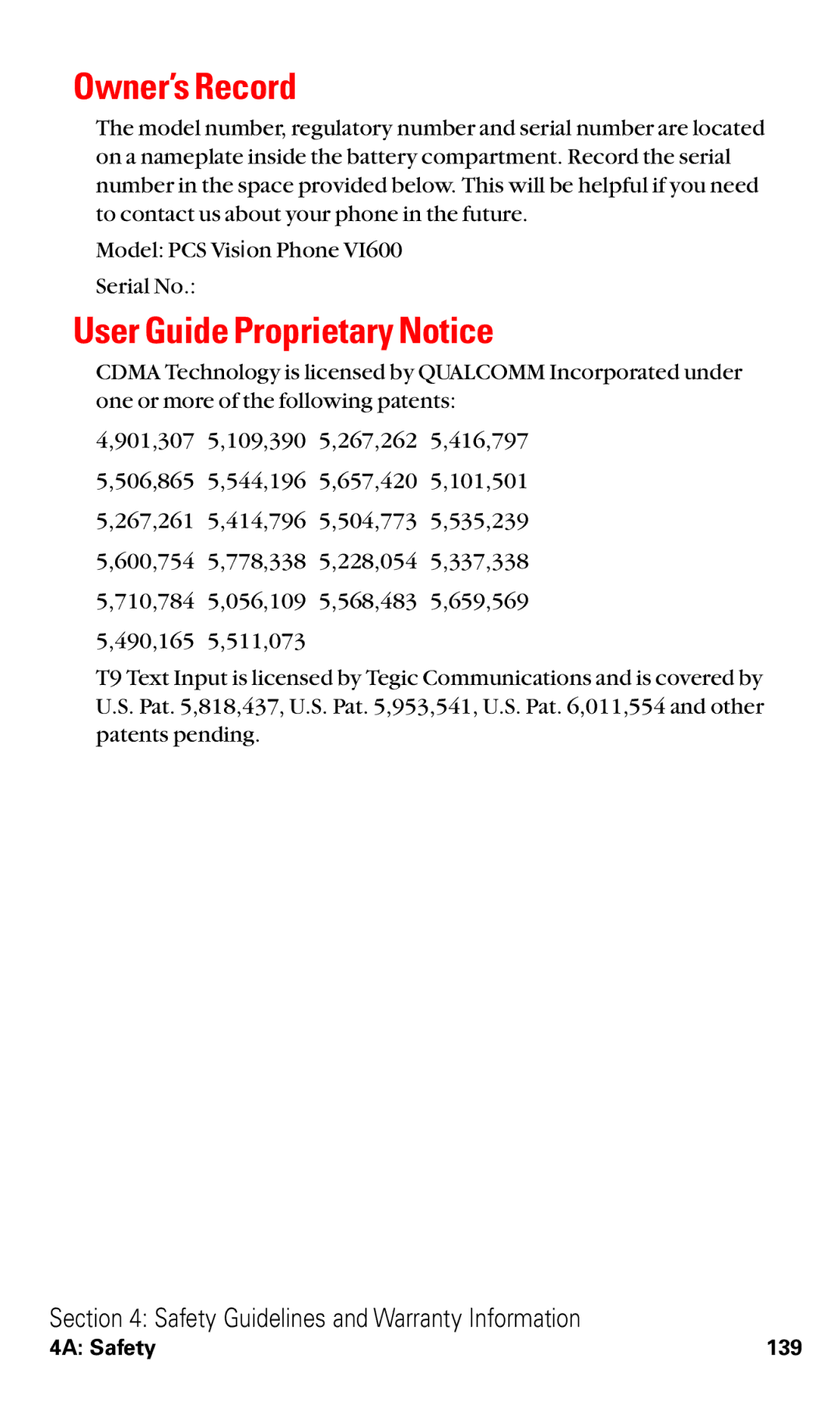 Audiovox VI600 manual Owner’s Record, User Guide Proprietary Notice 