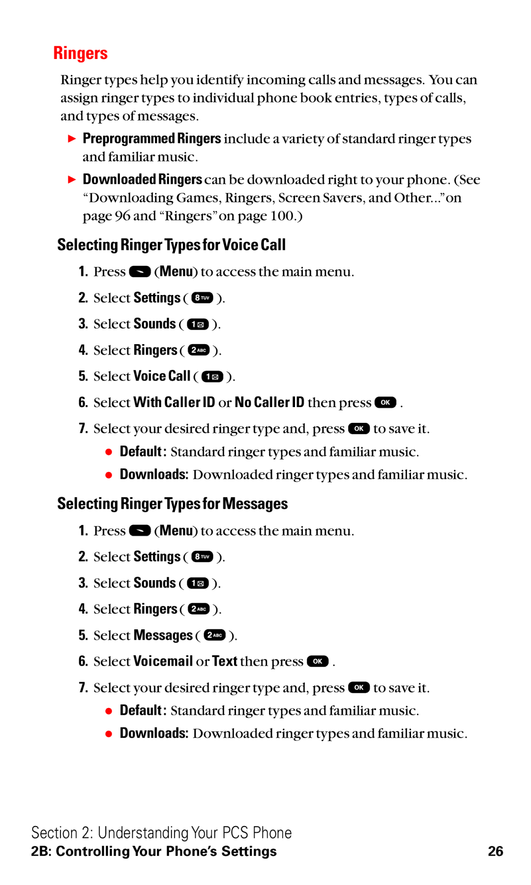 Audiovox VI600 manual Ringers, Selecting Ringer Types for Voice Call, Selecting Ringer Types for Messages 