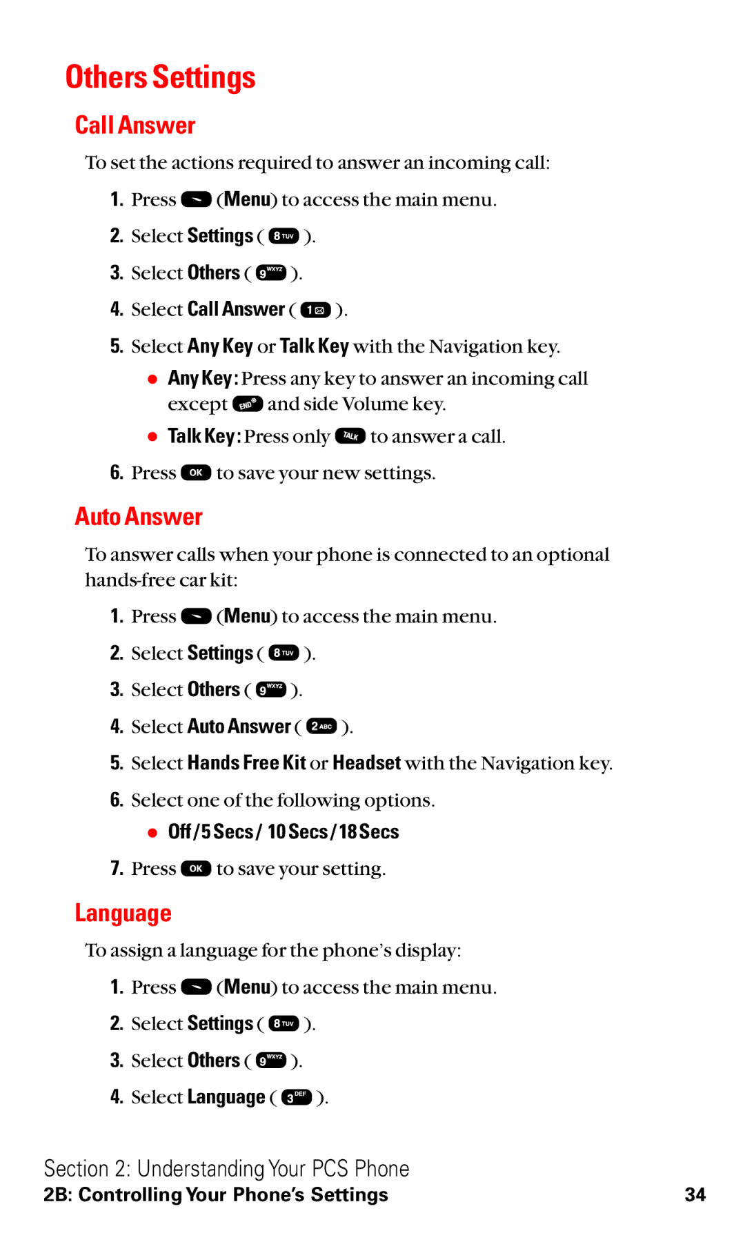 Audiovox VI600 manual Others Settings, Call Answer, Auto Answer, Language,  Off / 5 Secs / 10 Secs / 18 Secs 