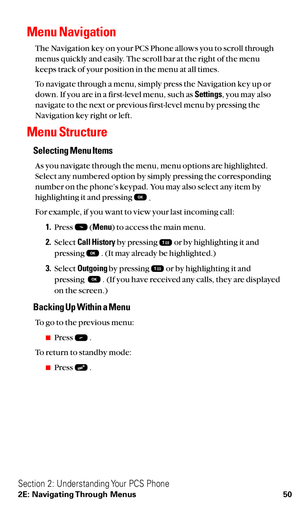 Audiovox VI600 manual Menu Navigation, Menu Structure, Selecting Menu Items, Backing Up Within a Menu 