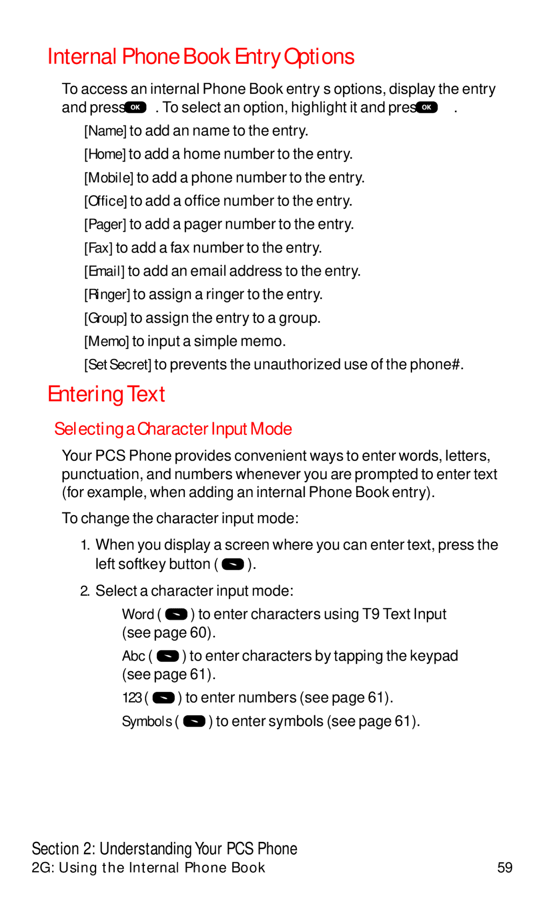 Audiovox VI600 manual Internal Phone Book Entry Options, Entering Text, Selecting a Character Input Mode 