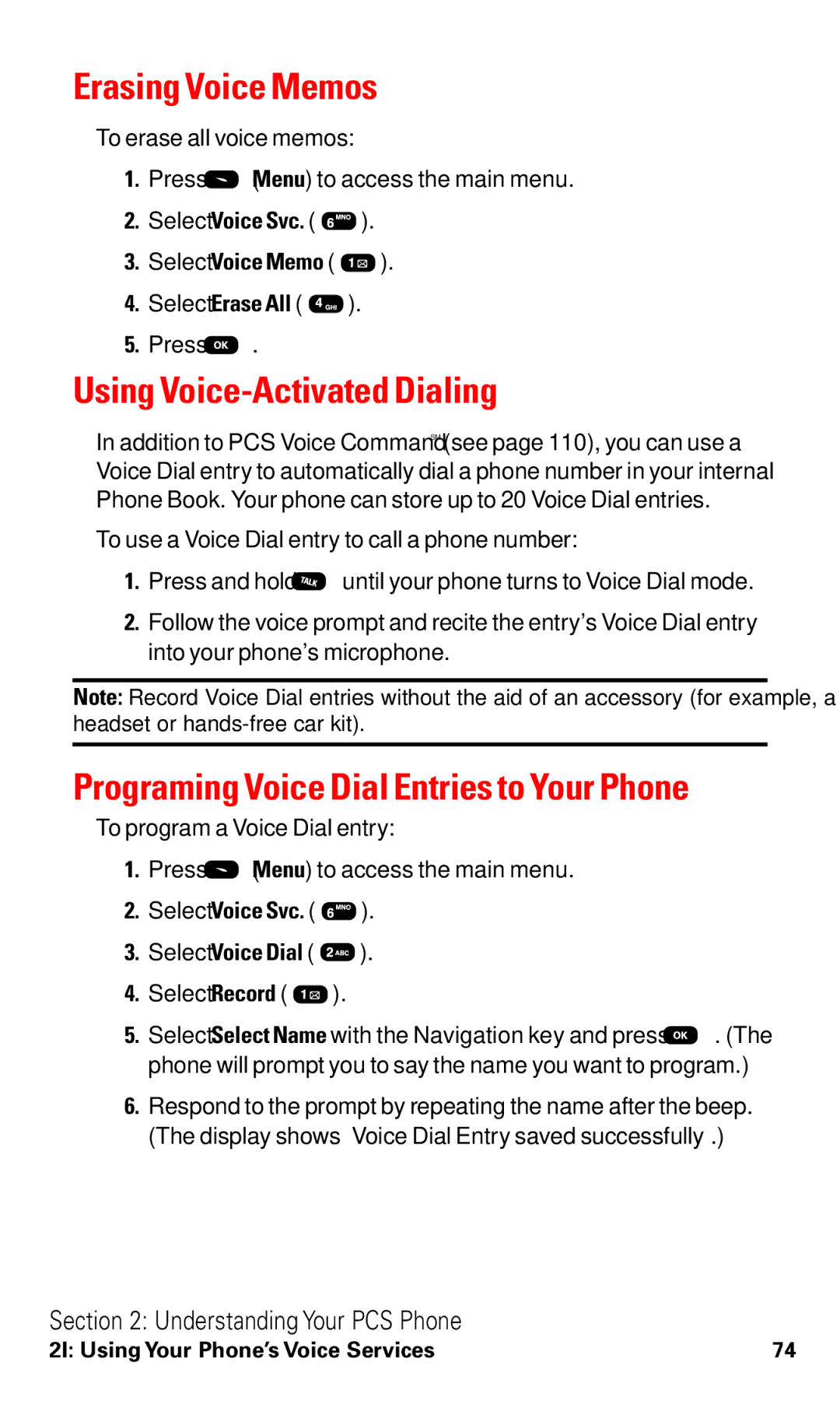 Audiovox VI600 manual Erasing Voice Memos, Using Voice-Activated Dialing 