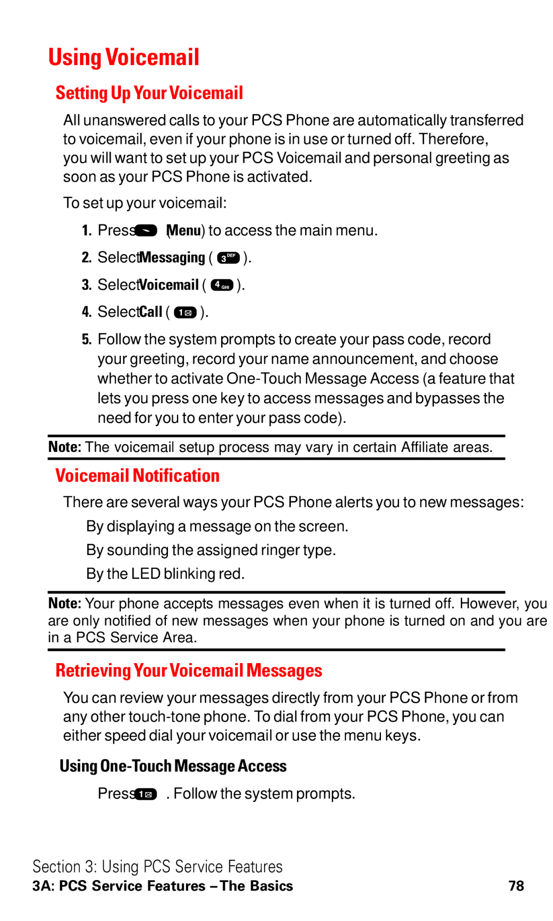 Audiovox VI600 Using Voicemail, Setting Up Your Voicemail, Voicemail Notification, Retrieving Your Voicemail Messages 