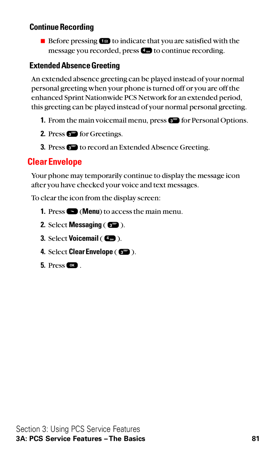 Audiovox VI600 manual Continue Recording, Extended Absence Greeting, Select Clear Envelope 