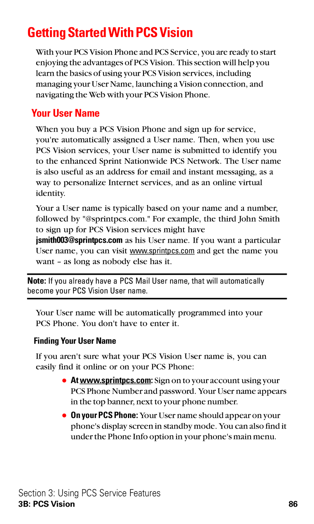 Audiovox VI600 manual Getting Started With PCS Vision, Finding Your User Name 