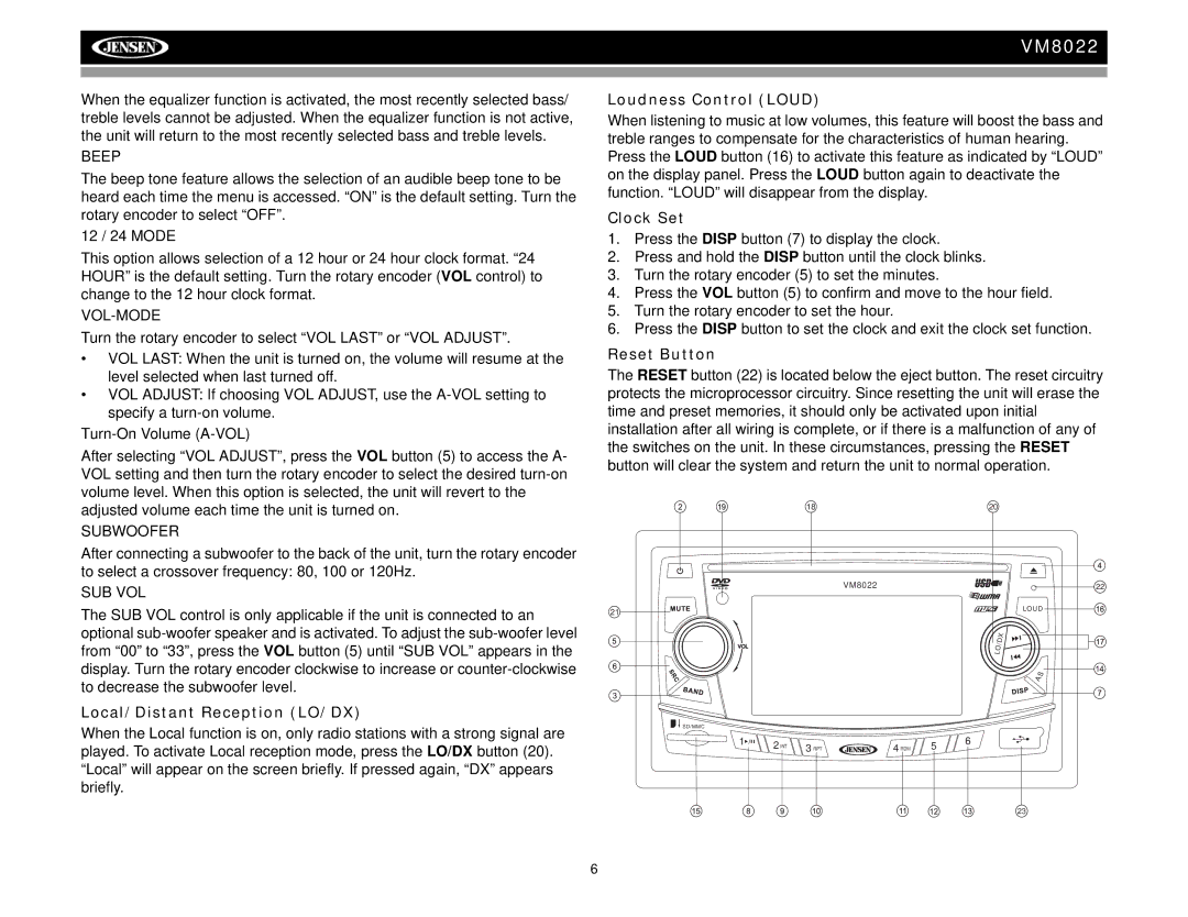 Audiovox VM8022 operation manual Local/Distant Reception LO/DX, Loudness Control Loud, Clock Set, Reset Button 