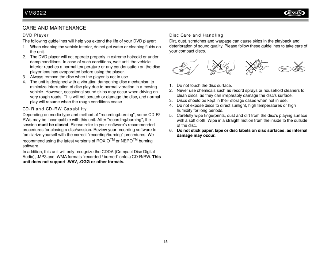Audiovox VM8022 operation manual Care and Maintenance, DVD Player, CD-R and CD-RW Capability, Disc Care and Handling 