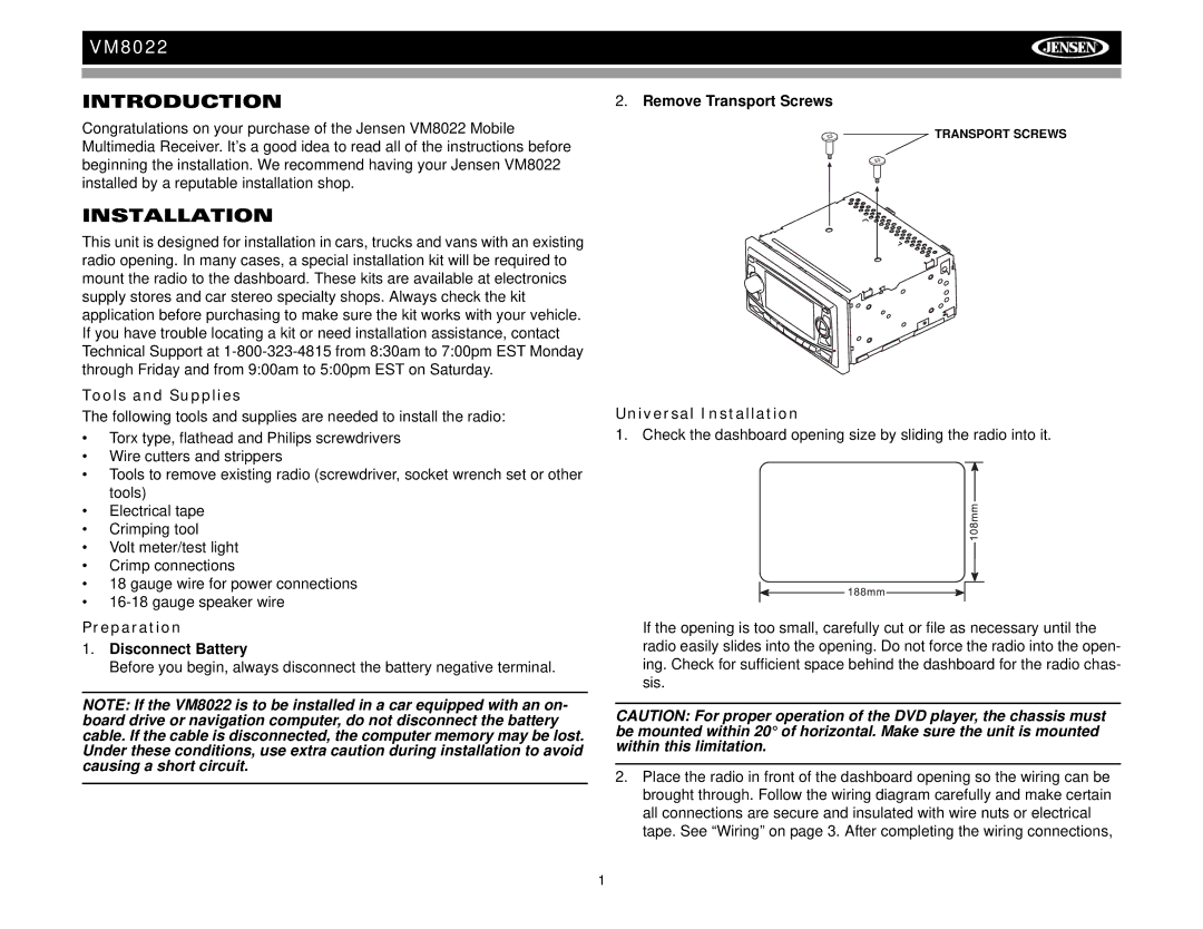 Audiovox VM8022 operation manual Introduction, Tools and Supplies, Preparation, Universal Installation 