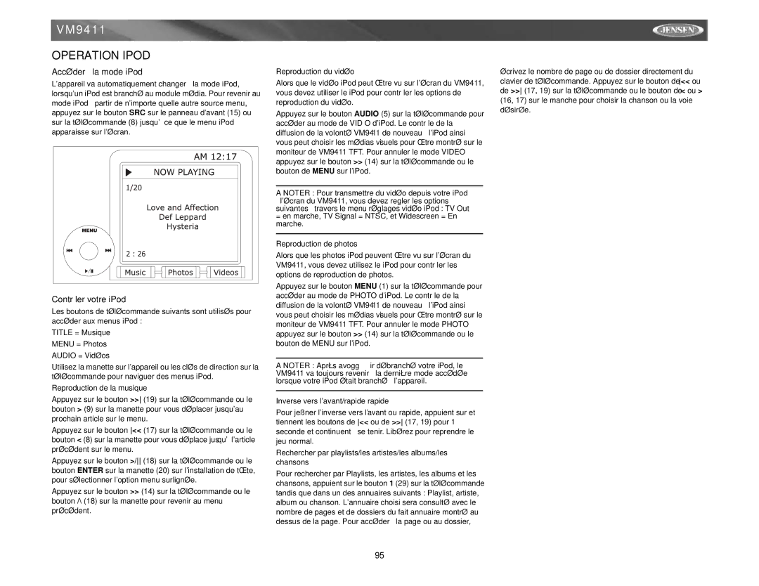 Audiovox VM9411 instruction manual Operation Ipod, Accéder à la mode iPod, Contrôler votre iPod 