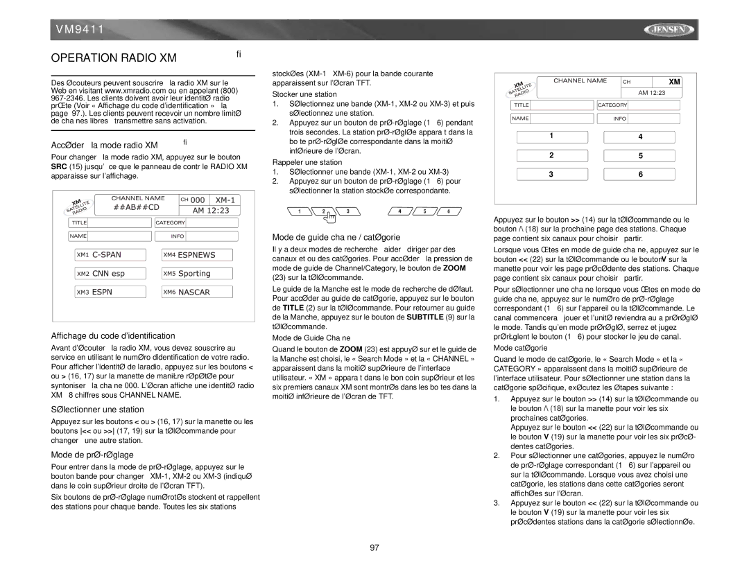 Audiovox VM9411 instruction manual Operation Radio XM 