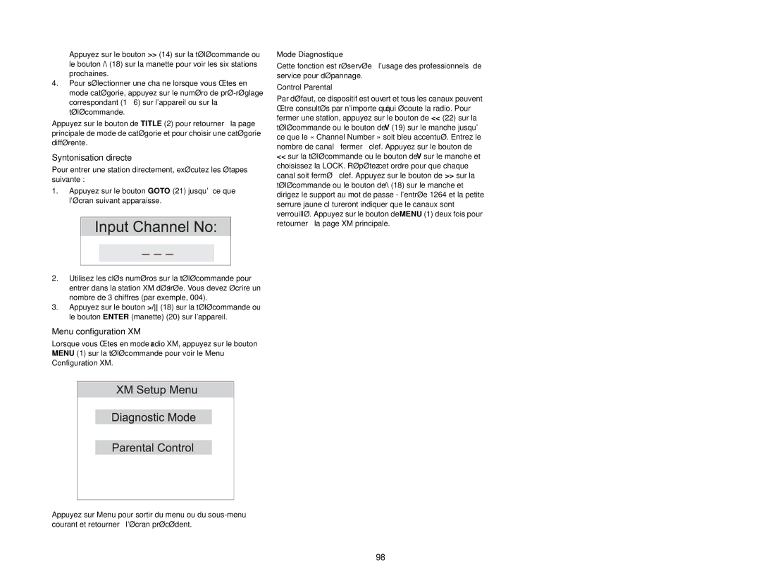 Audiovox VM9411 instruction manual Syntonisation directe, Menu configuration XM, Mode Diagnostique 