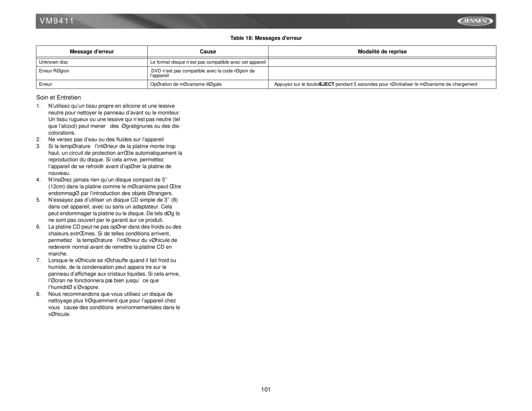 Audiovox VM9411 instruction manual Soin et Entretien 