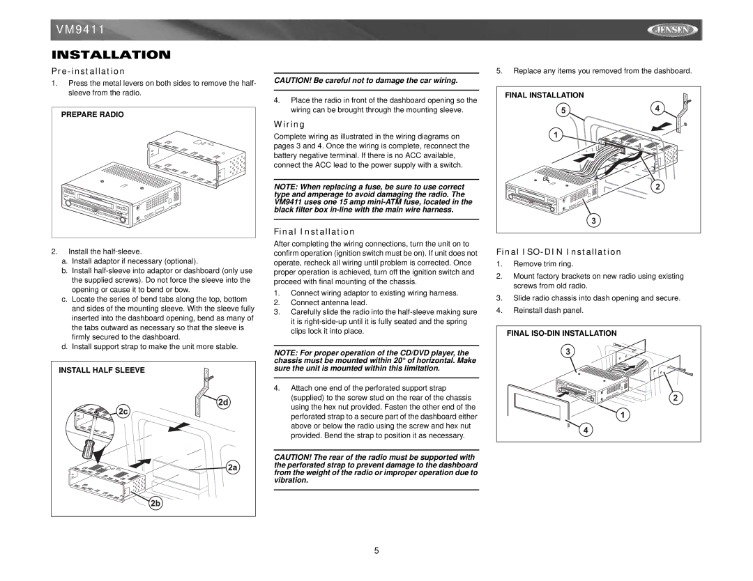 Audiovox VM9411 instruction manual Pre-installation, Wiring, Final Installation, Final ISO-DIN Installation 