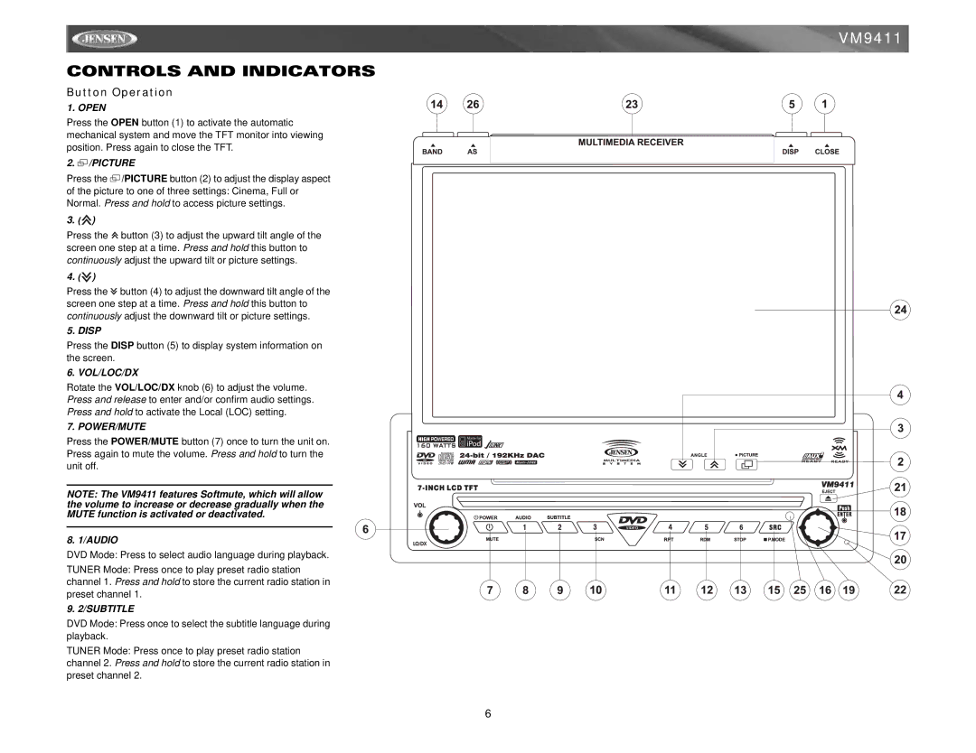 Audiovox VM9411 instruction manual Controls and Indicators, Button Operation, Picture, Audio 