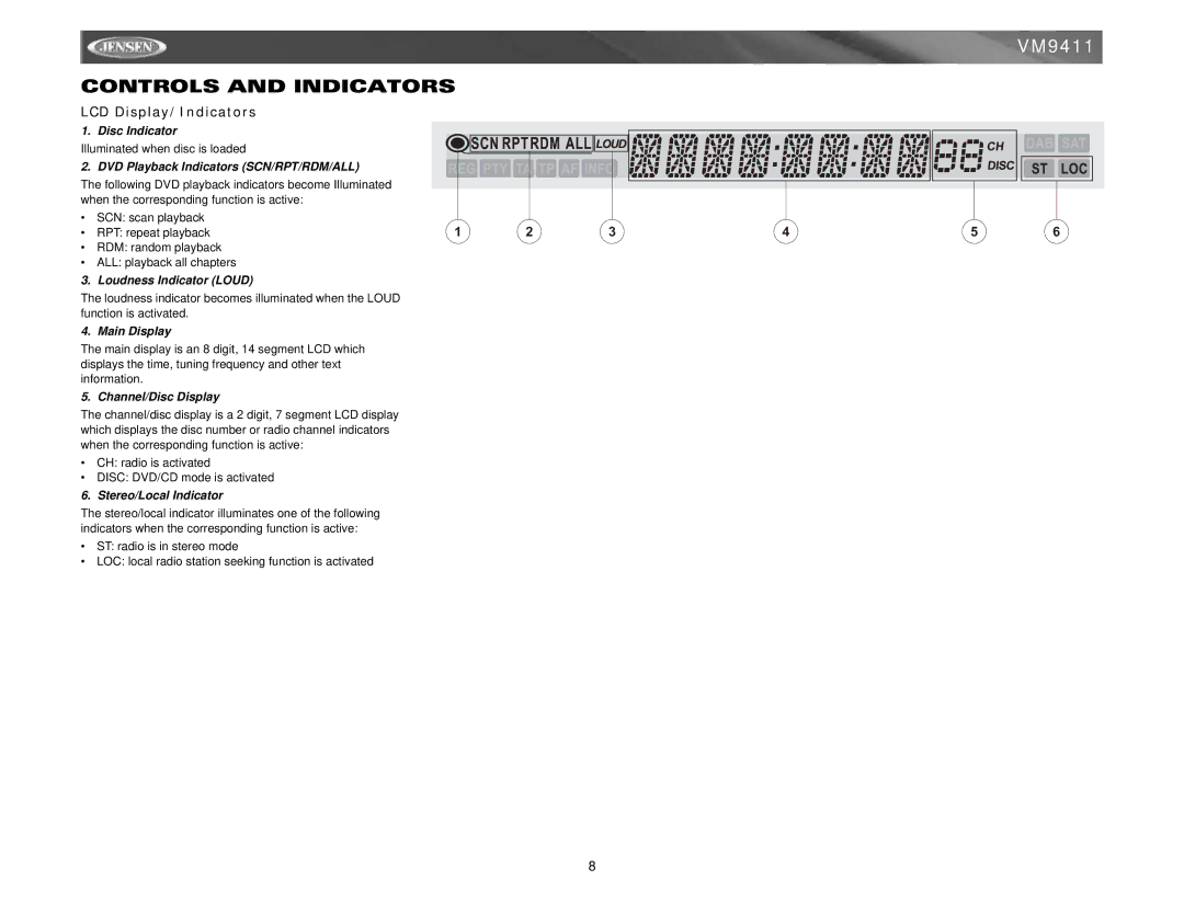 Audiovox VM9411 instruction manual LCD Display/Indicators 