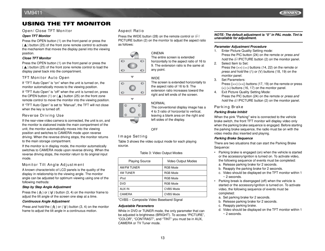 Audiovox VM9411 instruction manual Using the TFT Monitor 