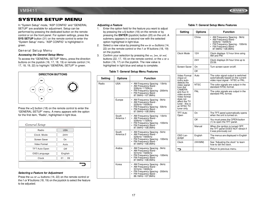 Audiovox VM9411 System Setup Menu, Accessing the General Setup Menu, Selecting a Feature for Adjustment 