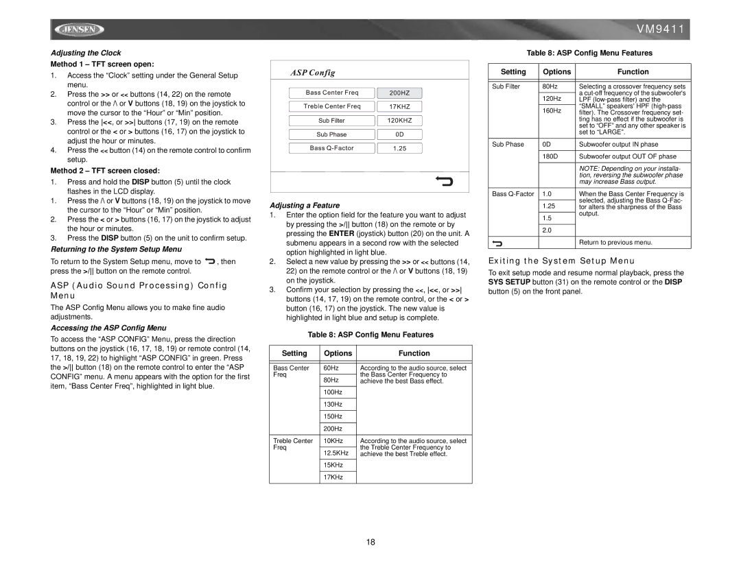 Audiovox VM9411 ASP Audio Sound Processing Config Menu, Exiting the System Setup Menu, Adjusting the Clock 