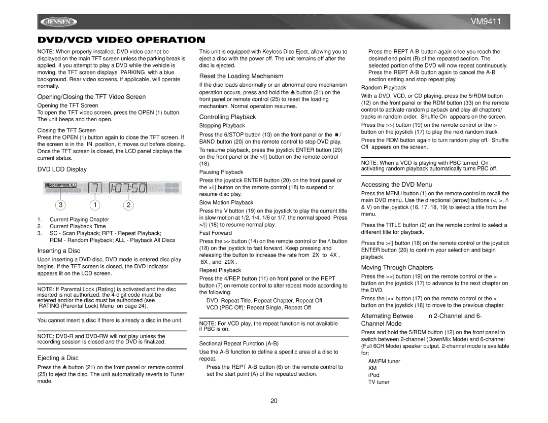 Audiovox VM9411 instruction manual DVD/VCD Video Operation 