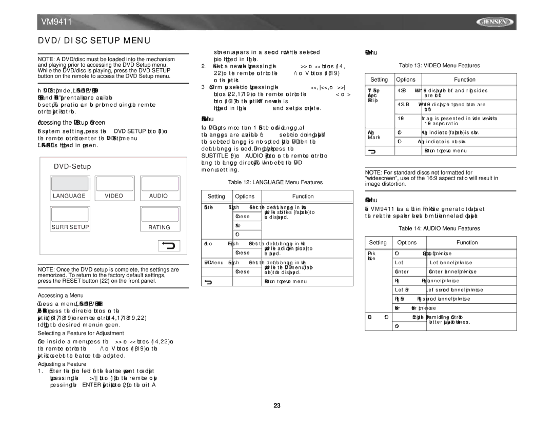 Audiovox VM9411 DVD/DISC Setup Menu, Accessing the DVD Setup Screen, Language Menu, Video Menu, Audio Menu 