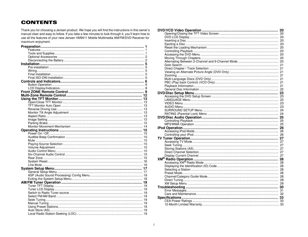 Audiovox VM9411 instruction manual Contents 