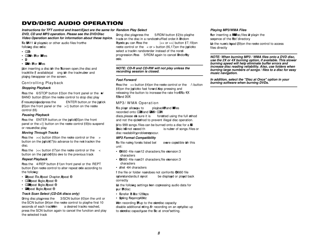 Audiovox VM9411 instruction manual DVD/DISC Audio Operation, MP3/WMA Operation 