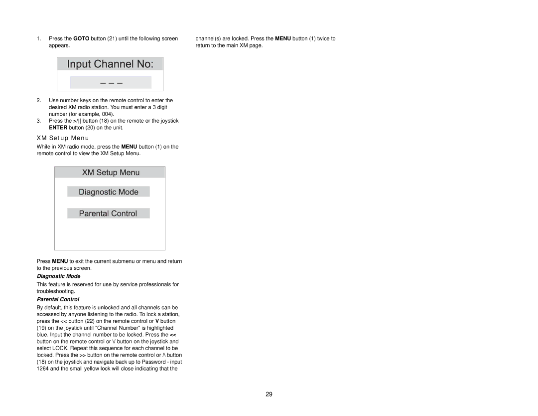 Audiovox VM9411 instruction manual XM Setup Menu, Diagnostic Mode, Parental Control 