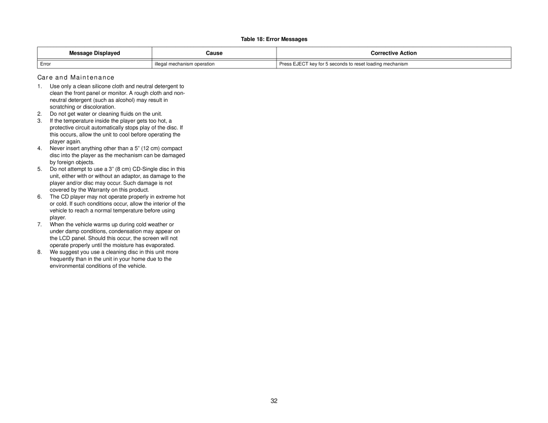 Audiovox VM9411 instruction manual Care and Maintenance 