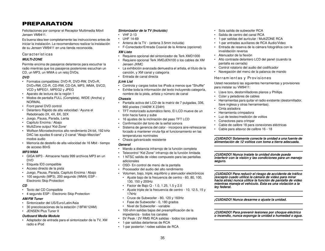 Audiovox VM9411 Características, Herramientas y Provisiones, Sintonizador de la TV Incluido, XM Listo, JLink List 