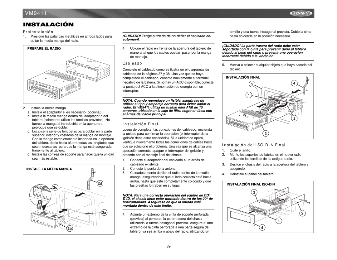 Audiovox VM9411 instruction manual Preinstalación, Cableado, Instalación Final, Instalación del ISO-DIN Final 