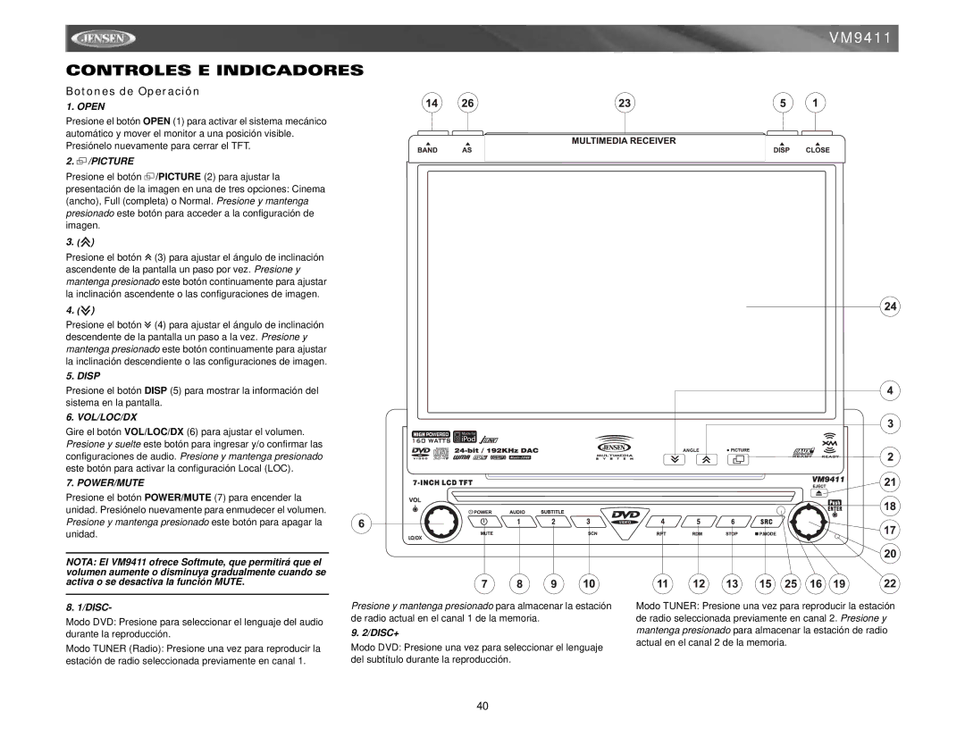 Audiovox VM9411 instruction manual Controles E Indicadores, Botones de Operación, Disc+ 