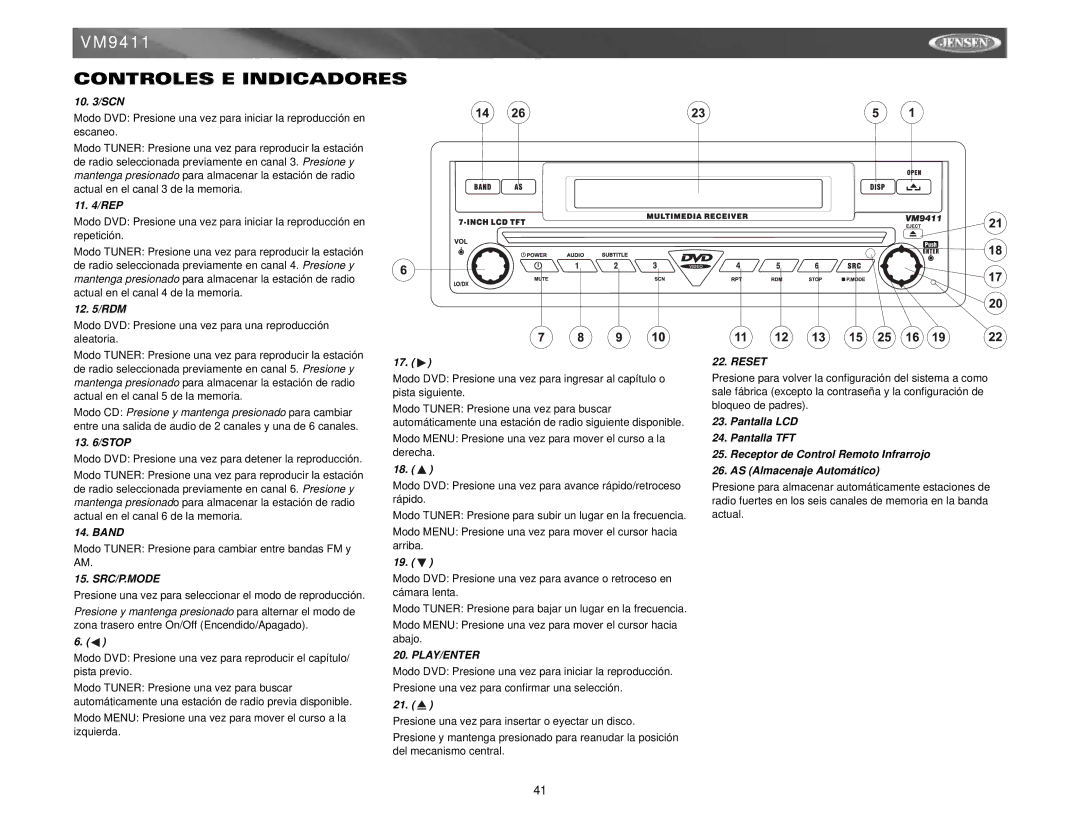 Audiovox VM9411 instruction manual Modo Tuner Presione para cambiar entre bandas FM y AM 