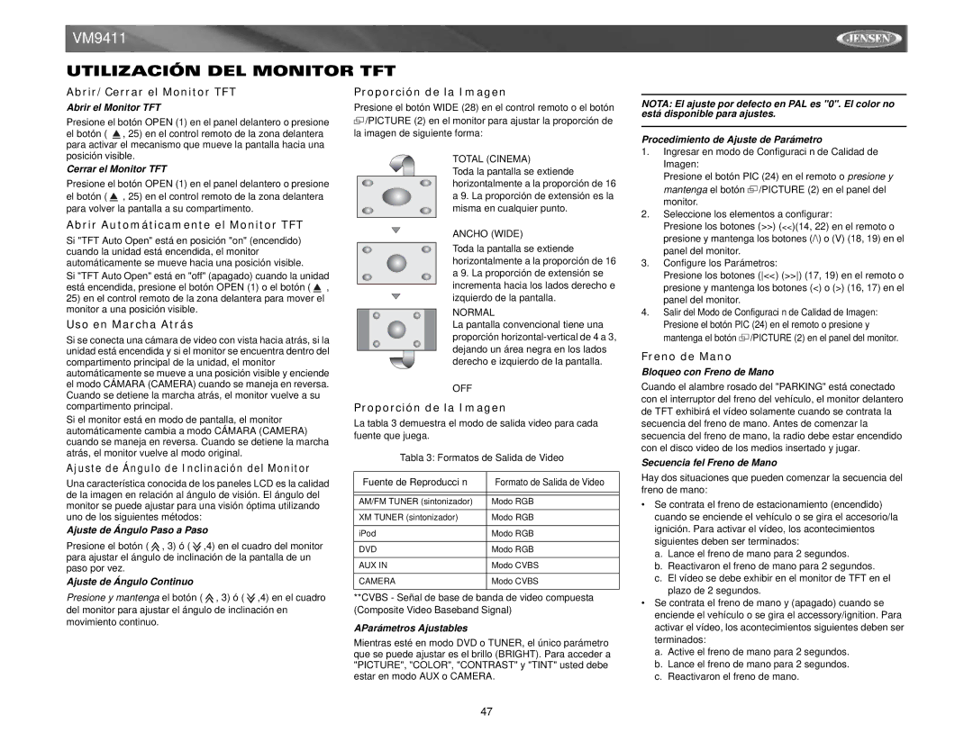 Audiovox VM9411 instruction manual Utilización DEL Monitor TFT 