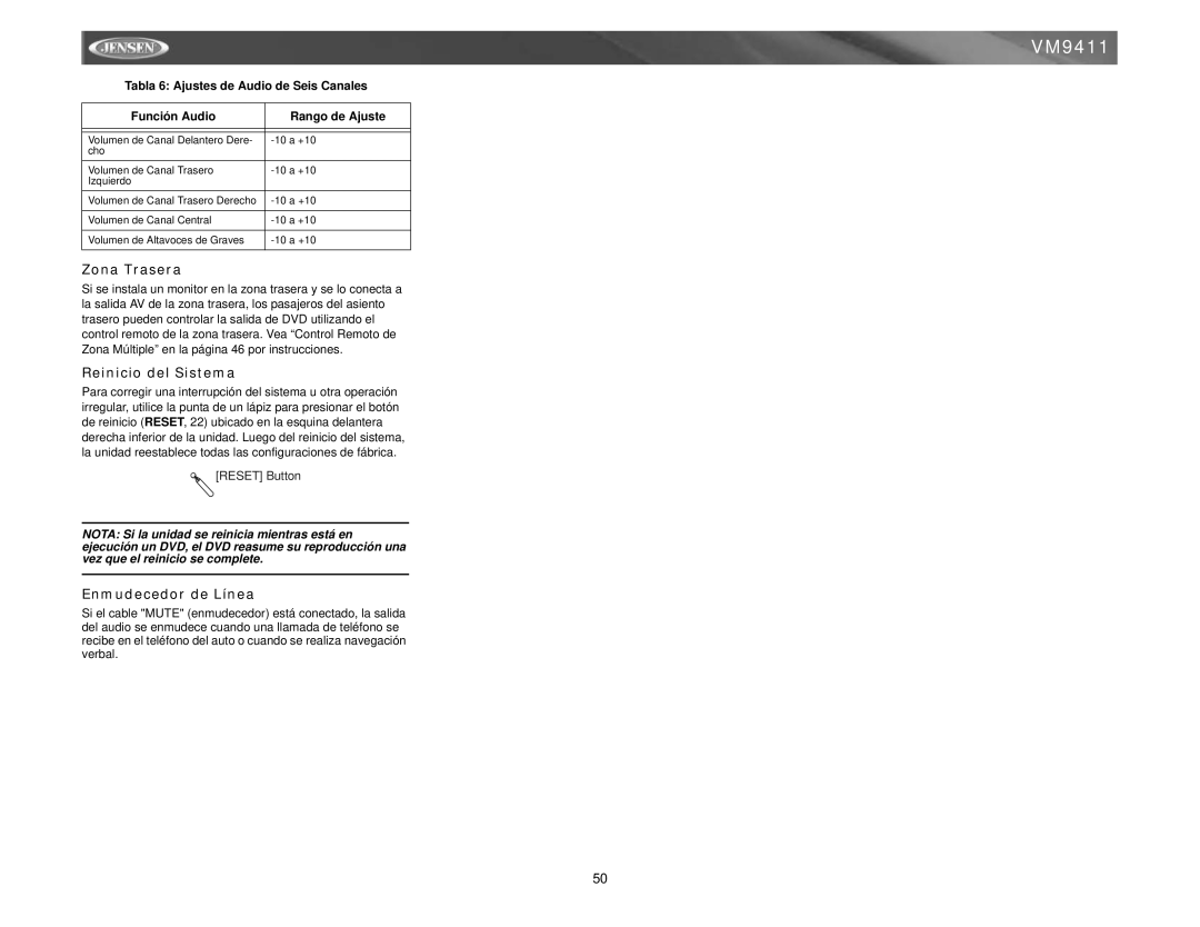 Audiovox VM9411 instruction manual Zona Trasera, Reinicio del Sistema, Enmudecedor de Línea 