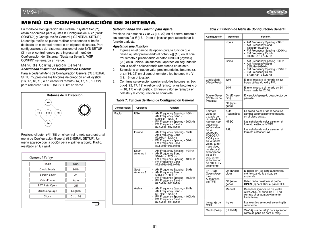 Audiovox VM9411 Menú DE Configuración DE Sistema, Menú de Configuración General, Seleccionando una Función para Ajuste 