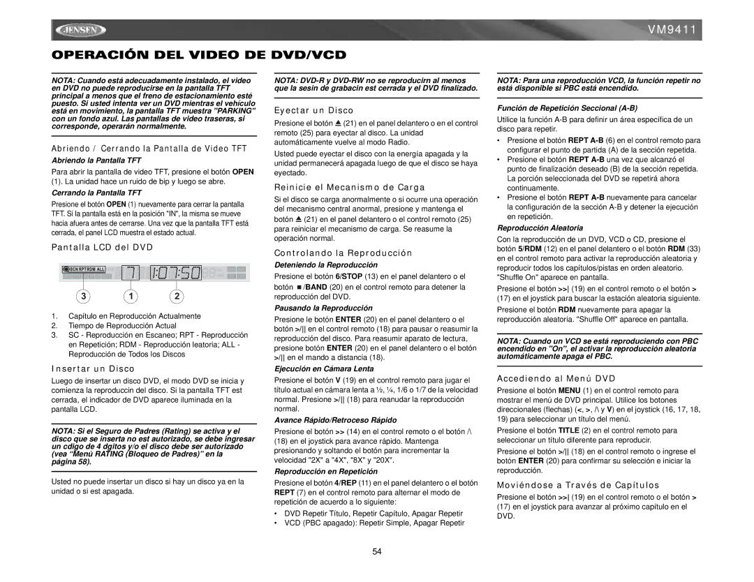 Audiovox VM9411 instruction manual Operación DEL Video DE DVD/VCD 