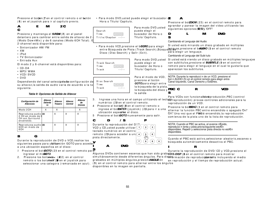 Audiovox VM9411 Alternando Entre Modo de 2 Canales y de 6 Canales, Búsqueda Goto, Capítulo Directo / Selección de Pista 