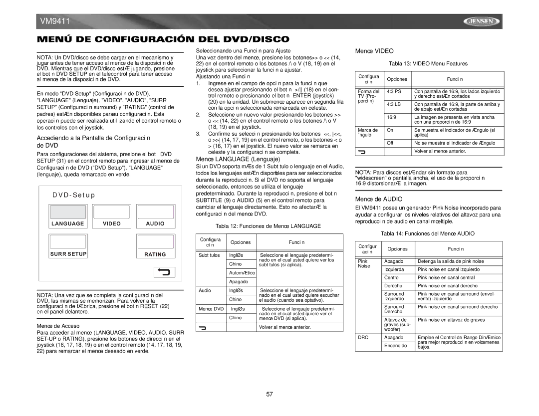 Audiovox VM9411 Menú DE Configuración DEL DVD/DISCO, Accediendo a la Pantalla de Configuración de DVD, Menú Video 