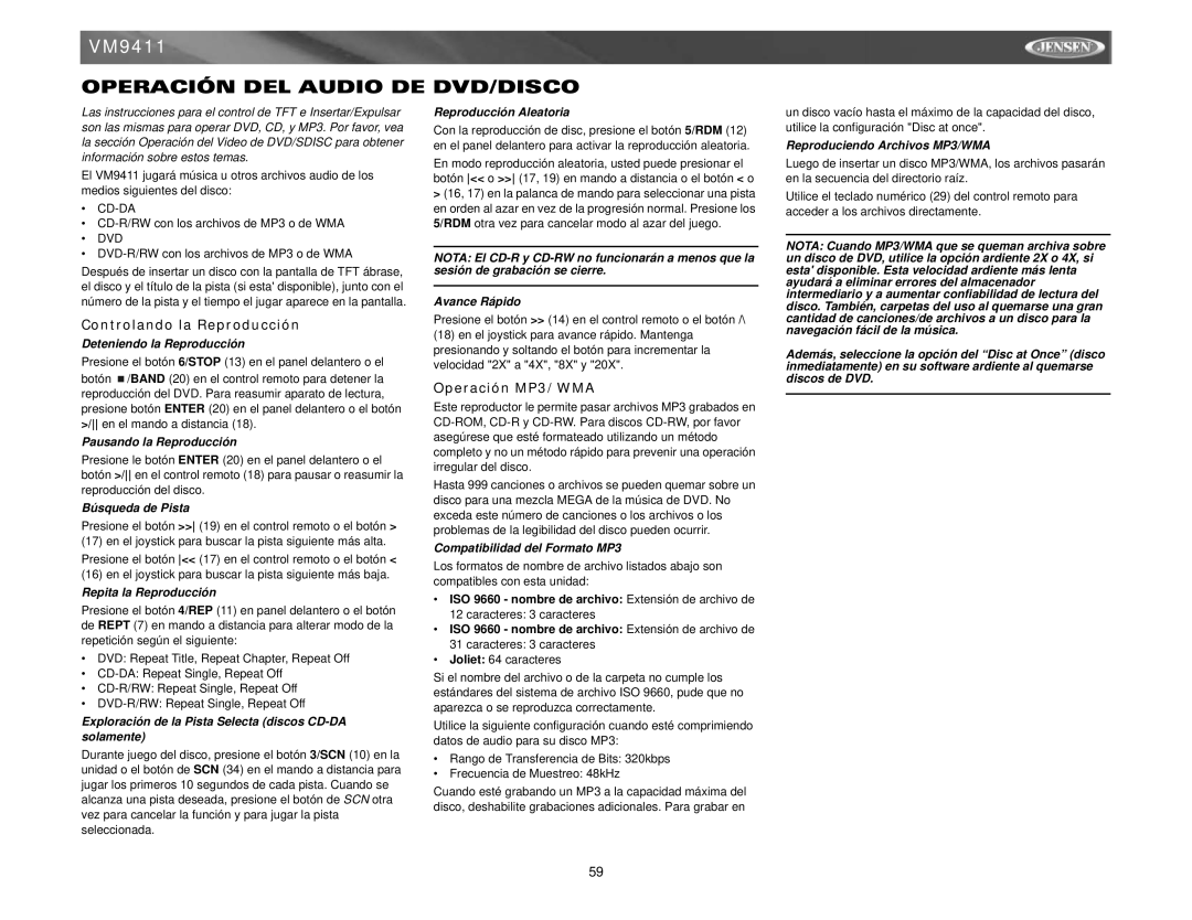 Audiovox VM9411 instruction manual Operación DEL Audio DE DVD/DISCO, Operación MP3/WMA 