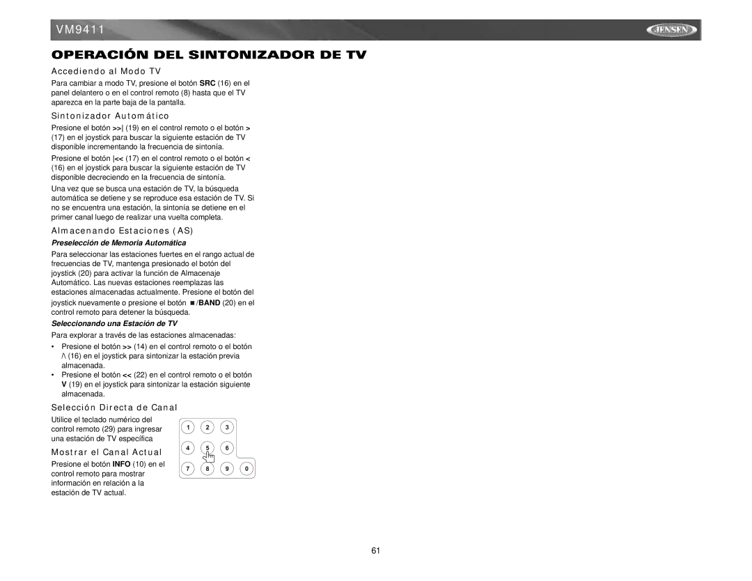 Audiovox VM9411 instruction manual Operación DEL Sintonizador DE TV 