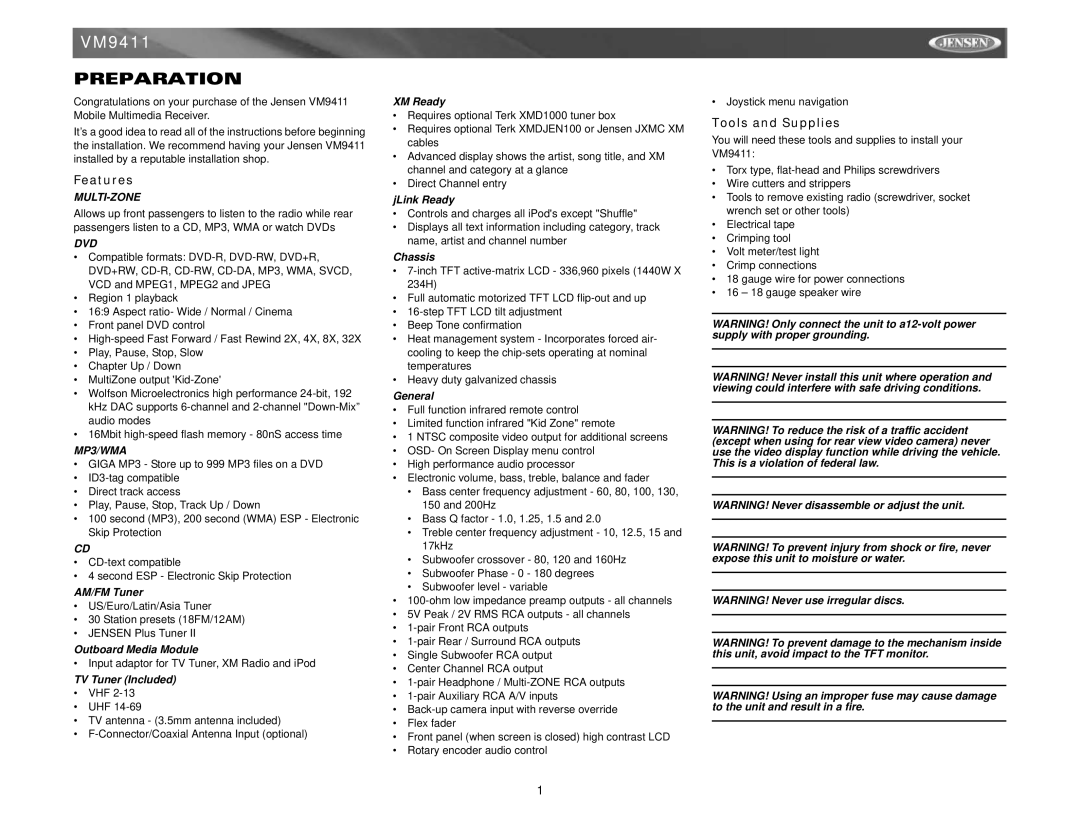 Audiovox VM9411 instruction manual Preparation, Features, Tools and Supplies 