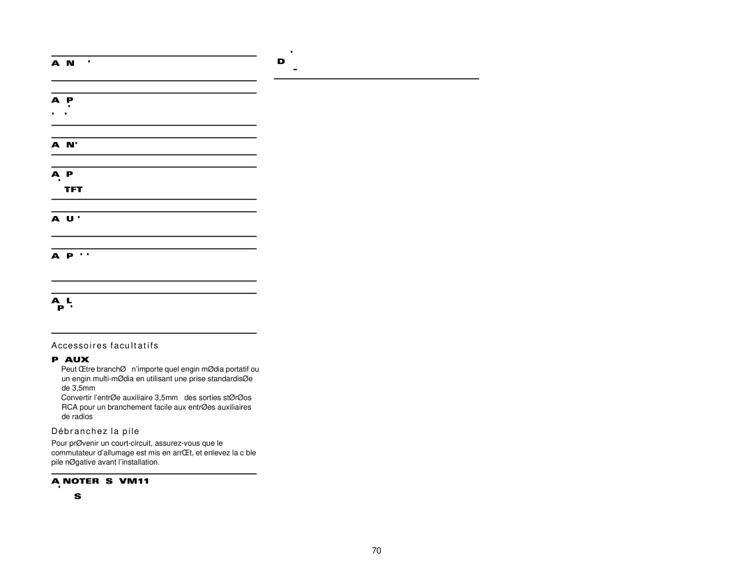 Audiovox VM9411 instruction manual Accessoires facultatifs, Débranchez la pile, Prêt pour iAUX3 vendu séparément 