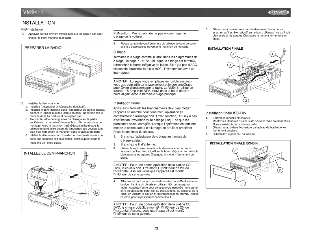 Audiovox VM9411 instruction manual Câblage, Installation finale ISO-DIN 